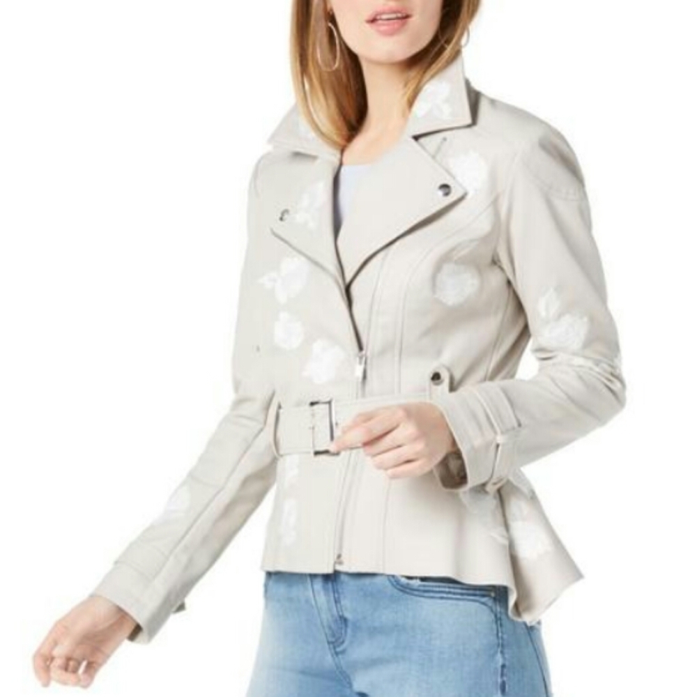 INC Women's Embroidered Faux Leather Jacket